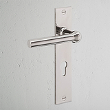 Harper Long Plate Sprung Door Handle & Euro Lock Polished Nickel Finish on White Background at an Angle