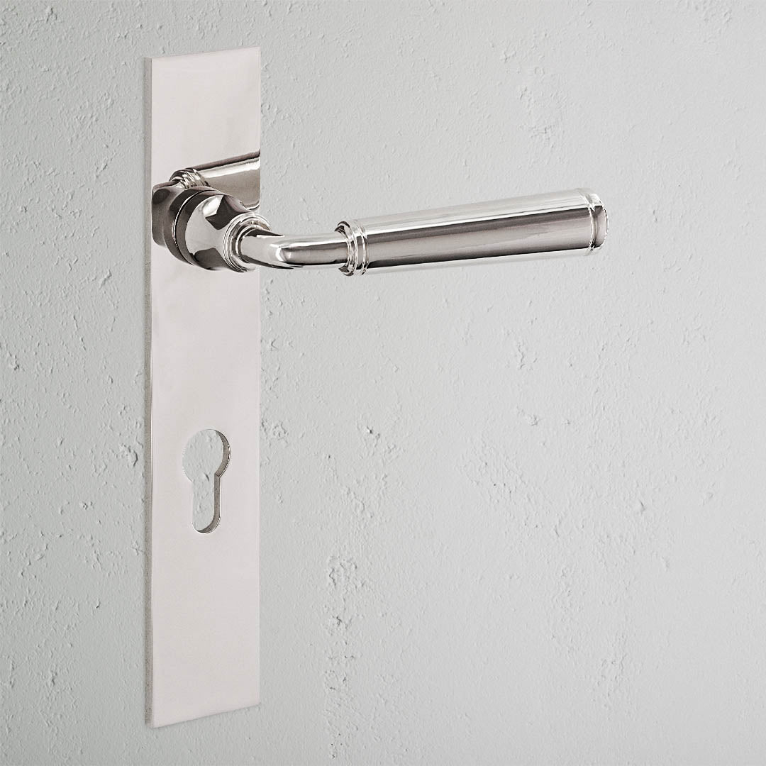 Digby Long Plate Sprung Door Handle & Euro Lock - Polished Nickel