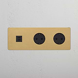 Triple USB 30W & 2x Schuko Module Round - Antique Brass Black