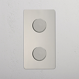 Dual Vertical Light Intensity Control Switch on White Background: Polished Nickel Double 2x Vertical Dimmer Switch