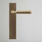 Digby Long Plate Sprung Door Handle Antique Brass Finish on White Background Front Facing