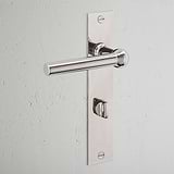 Harper Long Plate Sprung Door Handle & Thumbturn Polished Nickel Finish on White Background at an Angle