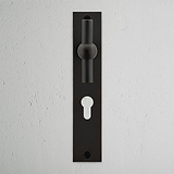 Harper T-Bar Long Plate Sprung Door Handle & Euro Lock Bronze Finish on White Background right Facing Front View