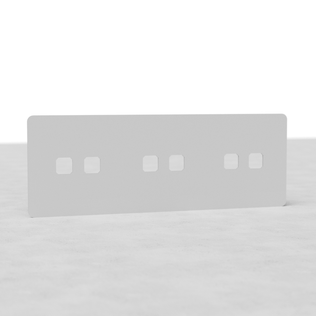 Paintable Triple 6x Switch Plate EU, white with six cutouts, displayed on a textured surface.
