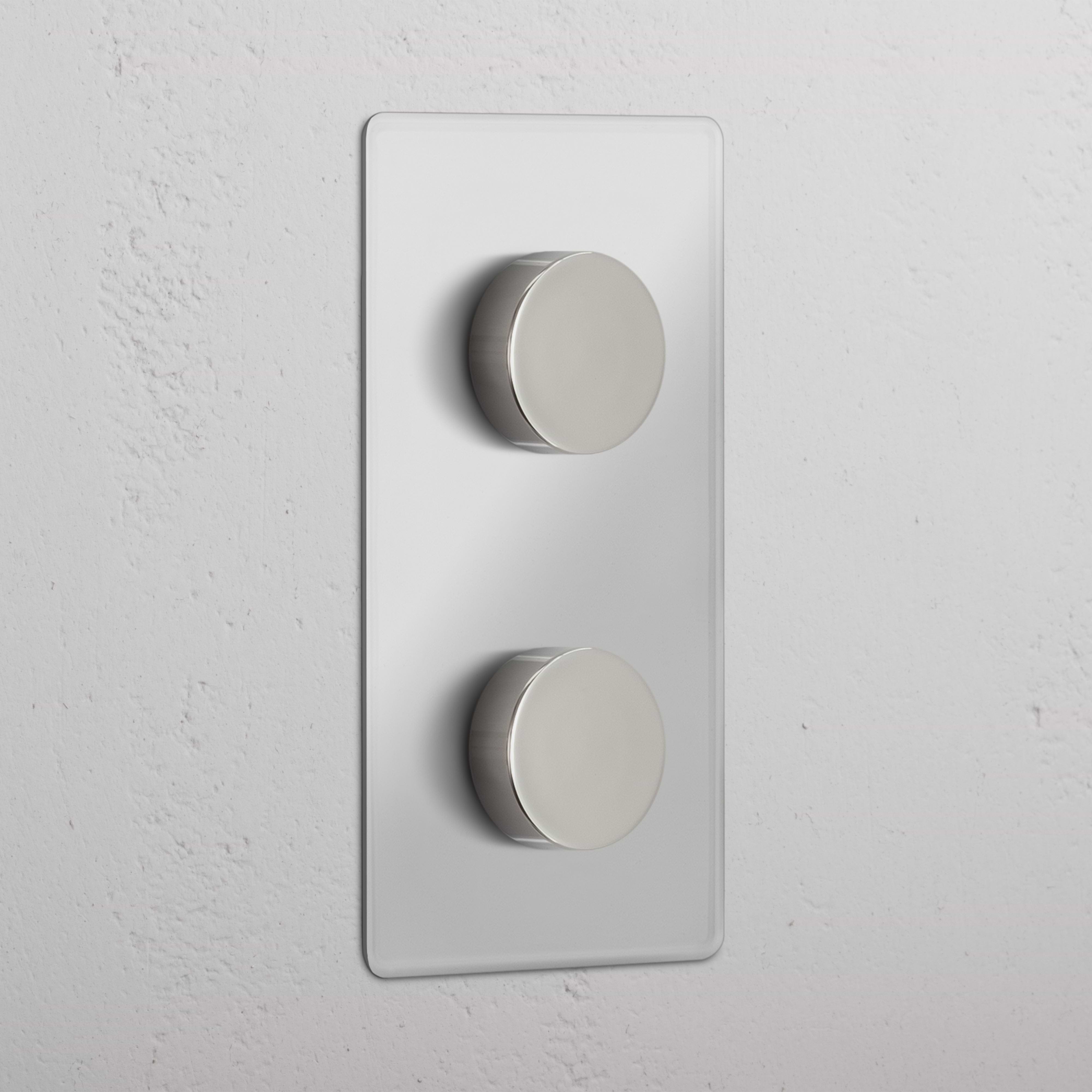 Clear Polished Nickel Double 2x Vertical Multiway Dimmer Switch with two vertically aligned round knobs.
