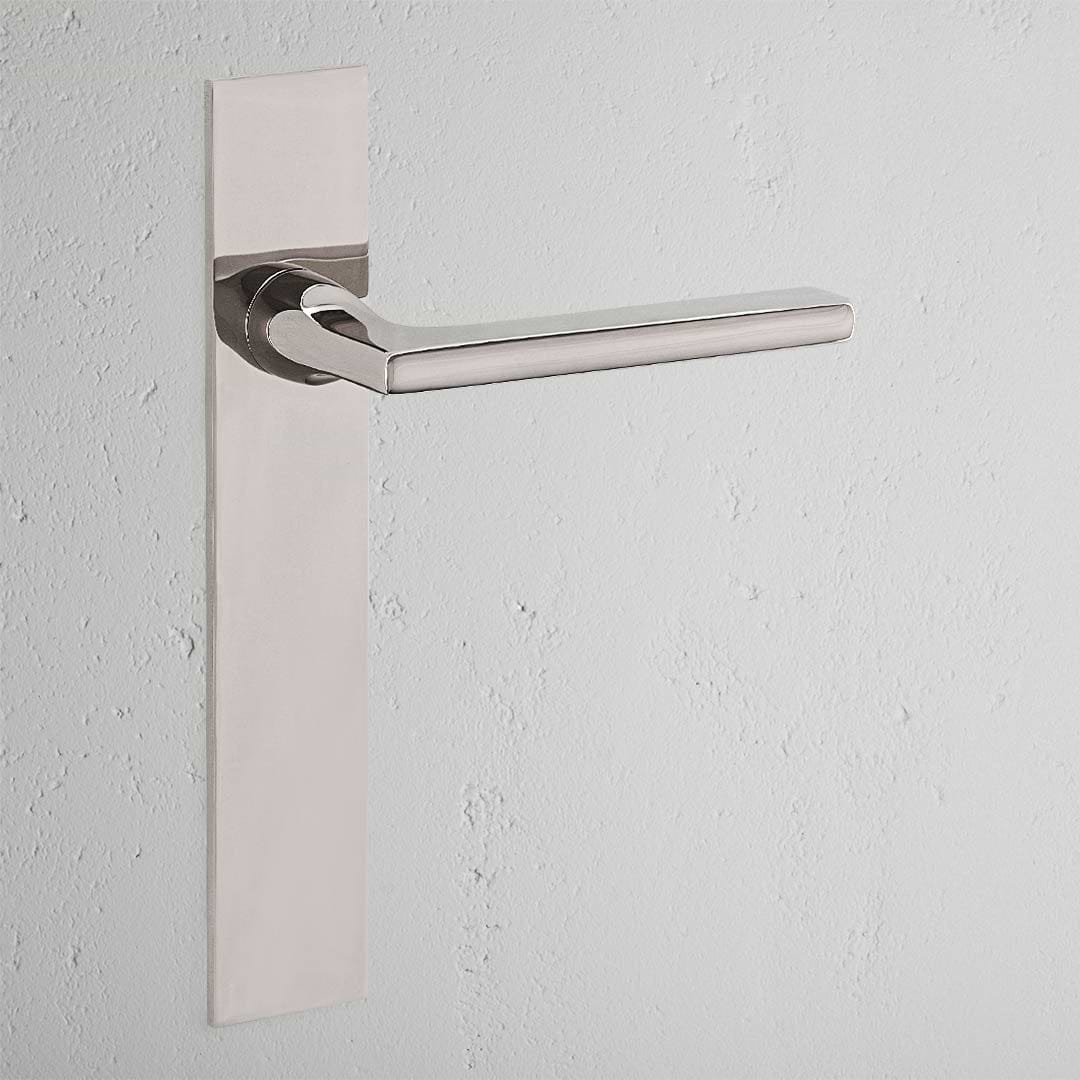 Clayton Long Plate Fixed Door Handle Polished Nickel Finish on White Background