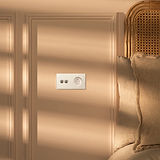 Polished nickel white double toggle switch & French module round in a modern setting against a wicker headboard.