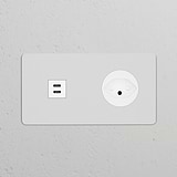 Double USB 30W & Swiss Type J Power Module in paintable white, round socket for versatile and elegant usage.