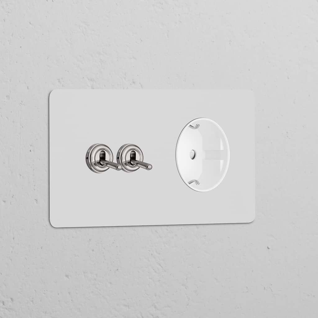 Double toggle switch and Schuko Type F power module in polished nickel white on a Double Sockets & Modules plate.