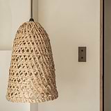 Bronze Double 2x Vertical Toggle Switch mounted onto a cream wall with a wooden wicker lampshade hanging infront from ceiling. 