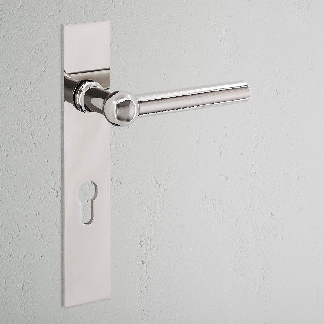 Harper Long Plate Sprung Door Handle & Euro Lock - Polished Nickel