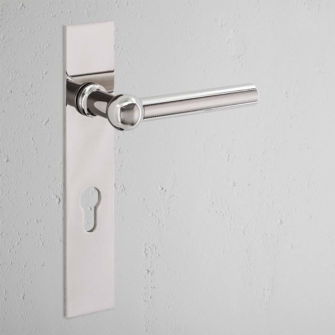 Harper Long Plate Sprung Door Handle & Euro Lock - Polished Nickel