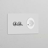 Double 2x toggle switch and Swiss Type J power module in paintable polished nickel for wall, double sockets & modules.