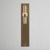 Harper T-Bar Long Plate Sprung Door Handle Antique Brass Finish on White Background at an Angle