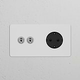 Double 2x toggle switch and Schuko Type F socket in paintable polished nickel, for versatile power and control.
