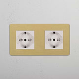 Double 2x Schuko/Bipasso Module - Antique Brass White
