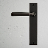 Digby Long Plate Sprung Door Handle Bronze Finish on White Background right Facing Front View