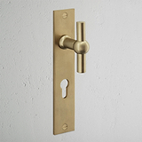 Harper T-Bar Long Plate Sprung Door Handle & Euro Lock Antique Brass Finish on White Background at an Angle