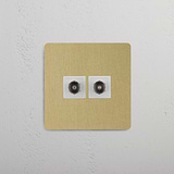 Two Port TV Single Module in Antique Brass White on White Background
