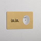 Double 2x Toggle & French Module Round - Antique Brass White  