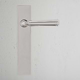Digby Long Plate Sprung Door Handle Polished Nickel Finish on White Background Front Facing