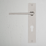 Clayton Long Plate Sprung Door Handle & Euro Lock Polished Nickel Finish on White Background right Facing Front View