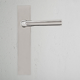 Apsley Long Plate Sprung Door Handle Polished Nickel Finish on White Background Front Facing