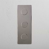 High Capacity Vertical Light Intensity Control Switch: Polished Nickel Triple 3x Vertical Dimmer Switch on White Background