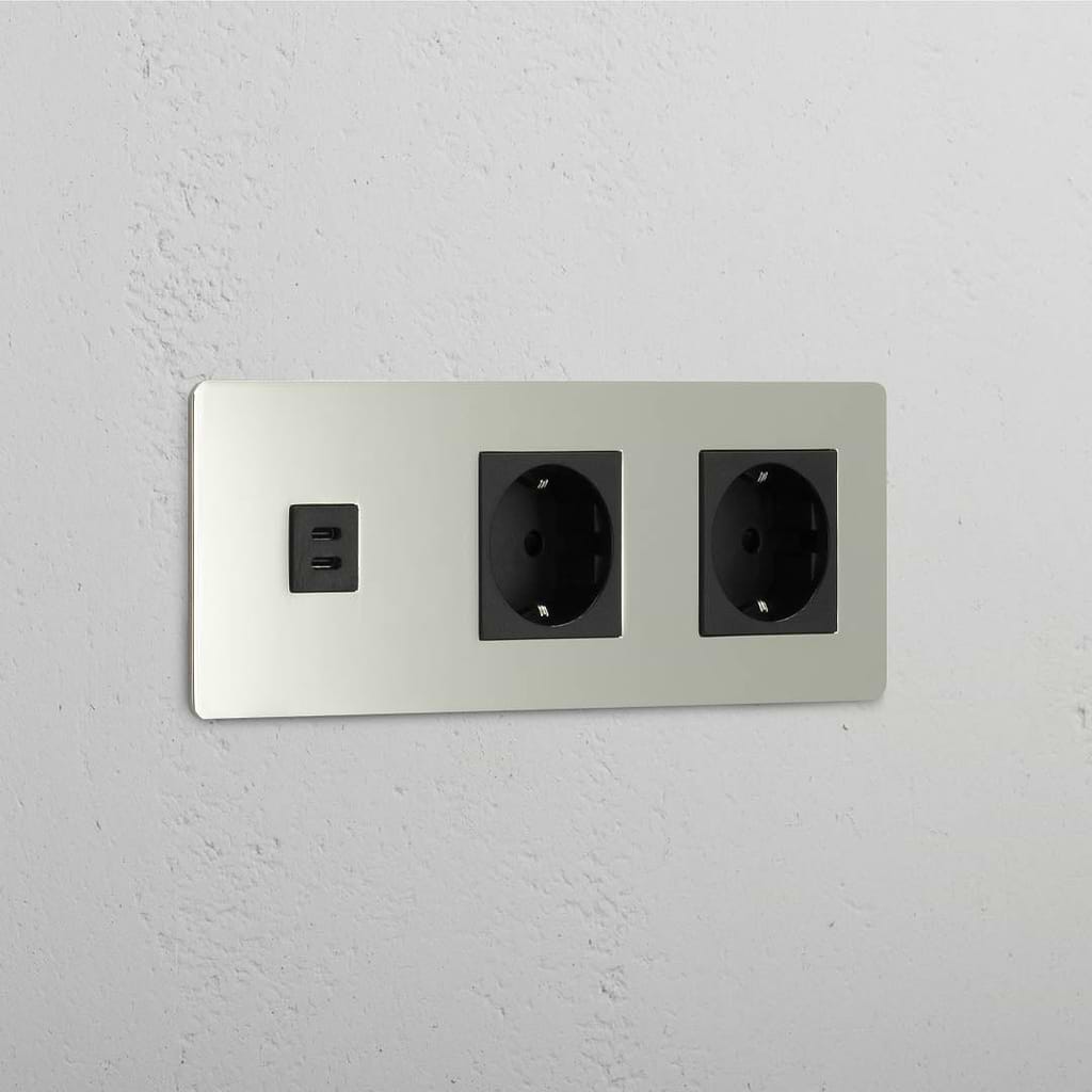Mixed High-Speed Charging and Schuko Standard Outlet: Polished Nickel Black Triple USB 30W & 2x Schuko Module