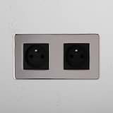 Dual Power Outlet for French Standard: Double French Power Module in Polished Nickel Black on White Background
