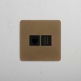 Dual-Connection RJ45 & HDMI Single Module, Antique Brass Black on White Background