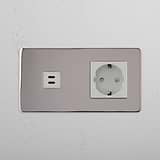 Mixed High-Speed Charging and Schuko Standard Outlet: Polished Nickel White Double USB 30W & Schuko Module on White Background