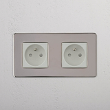 Dual French Standard Power Outlet: Polished Nickel White Double 2x French Power Module on White Background
