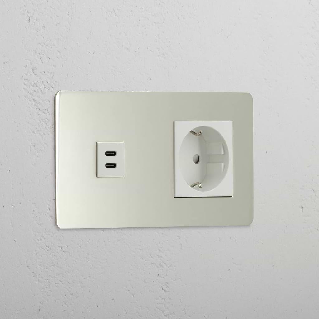 Mixed High-Speed Charging and Schuko Standard Outlet: Polished Nickel White Double USB 30W & Schuko Module