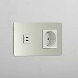 Mixed High-Speed Charging and Schuko Standard Outlet: Polished Nickel White Double USB 30W & Schuko Module