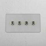Advanced Four-Levers Double Toggle Switch in Clear Polished Nickel for Light Control on White Background