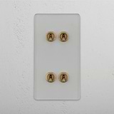 Clear Antique Brass Double Vertical Toggle Switch with 4 Positions - Sophisticated Light Control Tool on White Background