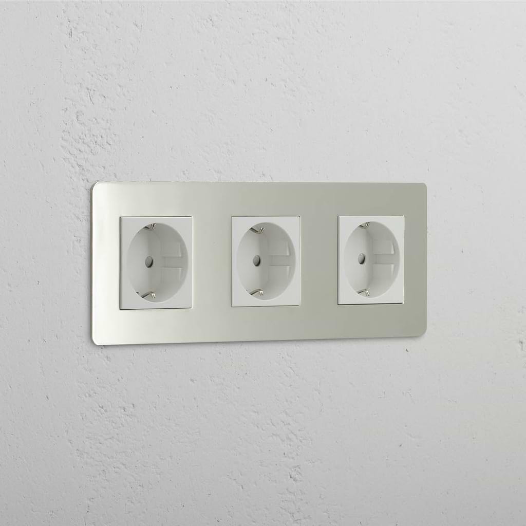 High Capacity Schuko Standard Power Outlet: Triple 3x Schuko Module in Polished Nickel White