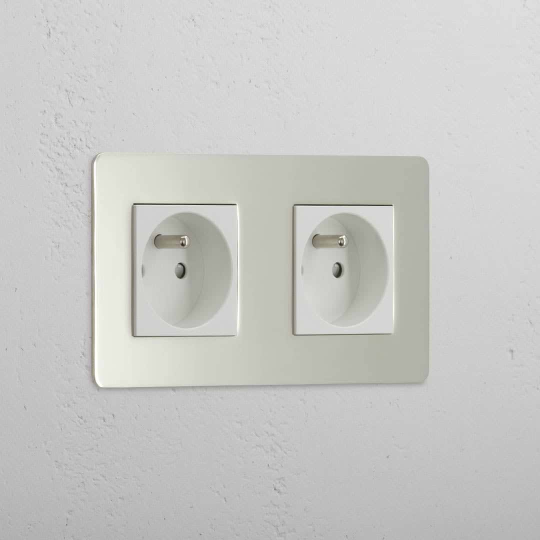 Dual French Standard Power Outlet: Polished Nickel White Double 2x French Power Module