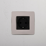 Schuko Standard Power Outlet on White Background: Polished Nickel Black Single Schuko Module