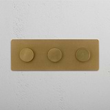 Antique Brass Triple Dimmer Switch with Three Functional Controls on White Background