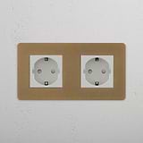 Dual Outlet Double Schuko Module in Antique Brass White on White Background