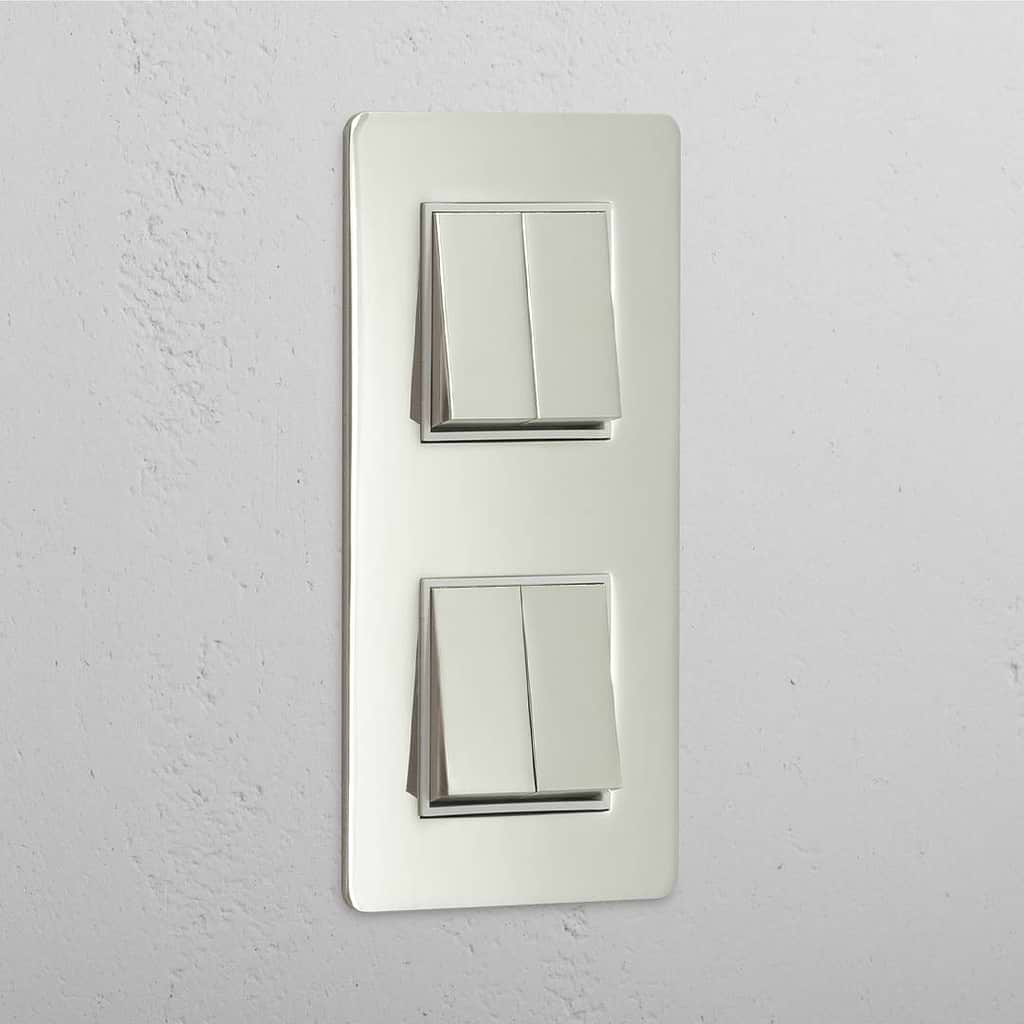 High Capacity Vertical Light Control Switch: Polished Nickel White Double 4x Vertical Rocker Switch