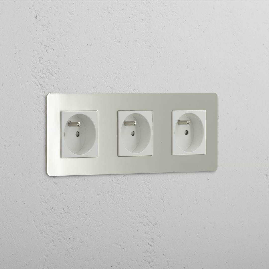 High Capacity French Standard Power Outlet: Triple 3x French Power Module in Polished Nickel White