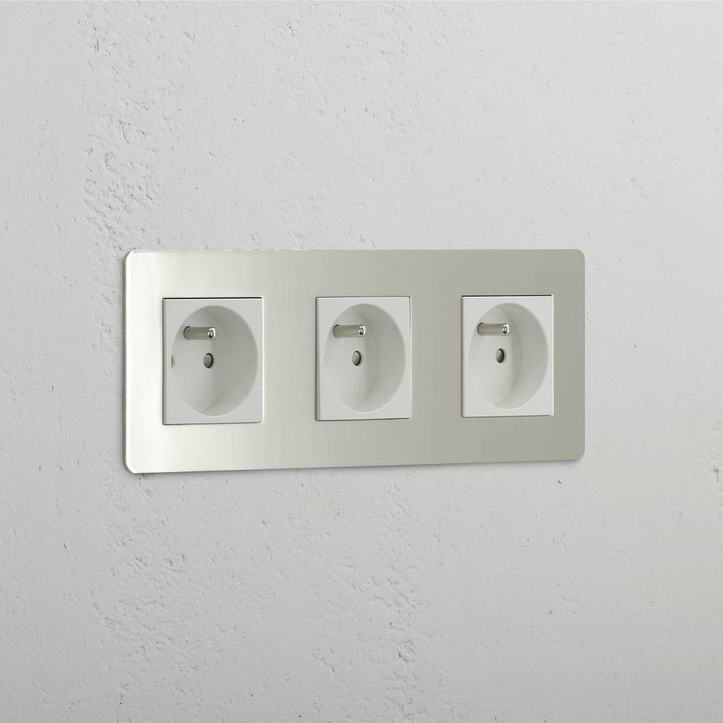 High Capacity French Standard Power Outlet: Triple 3x French Power Module in Polished Nickel White