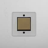 Intermediate Position Single Rocker Switch in Clear Antique Brass Black - Versatile Light Switch on White Background
