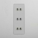 Comprehensive Vertical Six-Position Triple Toggle Switch in Clear Polished Nickel - Superior Lighting System on White Background