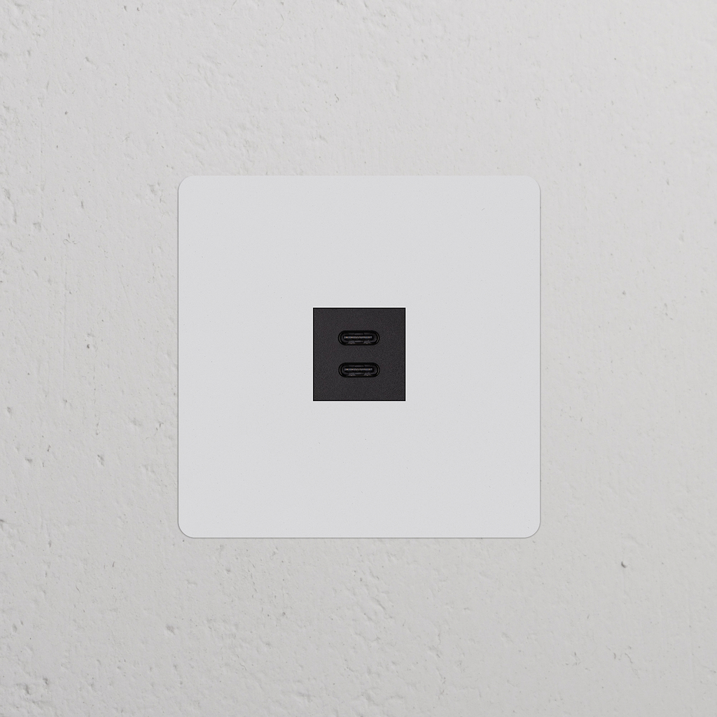 Prise murale USB-C 30W (Plaque Simple) Noire avec Insert Peignable Noir et deux ports USB-C pour le chargement.