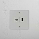 Versatile Connectivity Solution: Dual Function RJ45 & HDMI Module in Clear White on White Background