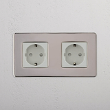 Dual Schuko Standard Power Outlet: Polished Nickel White Double 2x Schuko Module on White Background